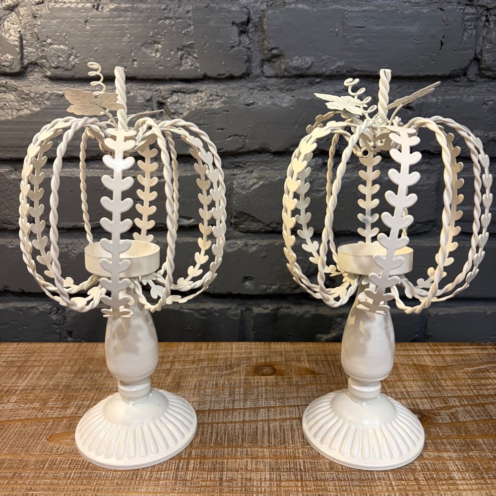White Metal Pumpkin Candle Holders Set of 2 Fall Autumn Farmhouse Decor